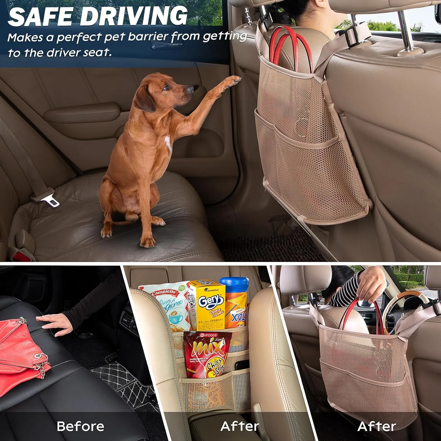 eing Car Net Pocket Handbag Holder Between Seats Back Storage Organizer 3 - Layers Purse Holder for Console Front Seat Storage Barrier, Beige