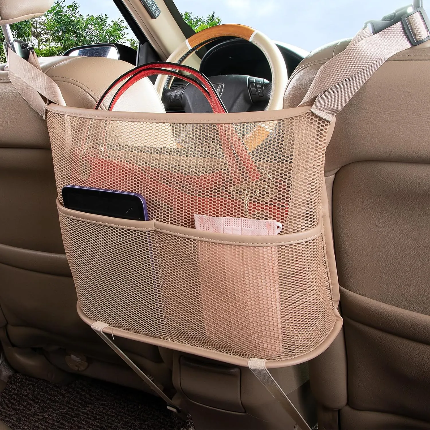 Eing Car Seat Back Organizer - Large Capacity Storage for Purses, Handbags & Kids' Items - Beige