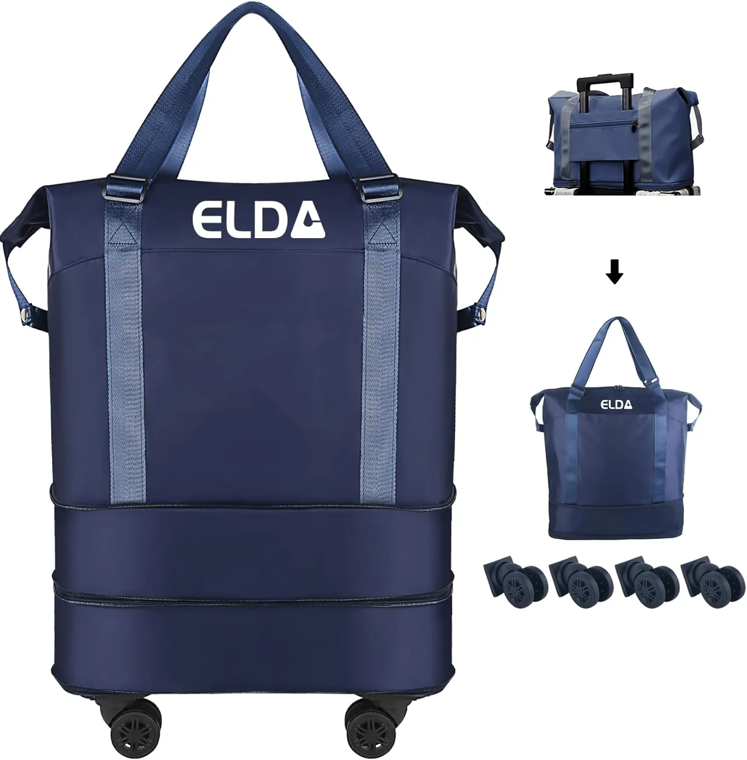 ELDA Foldable Duffle Bag Rolling for Men Women Carry on Expandable Luggage with Detachable Wheel, Trolley Sleeve for Weekend