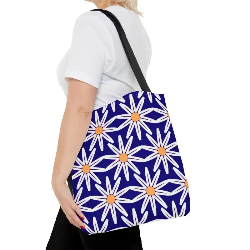 Electric Blue Aop Tote Bag with White Floral Pattern