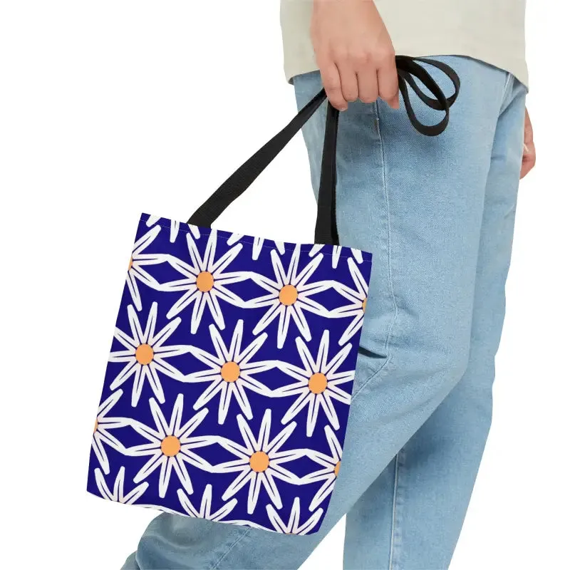 Electric Blue Aop Tote Bag with White Floral Pattern