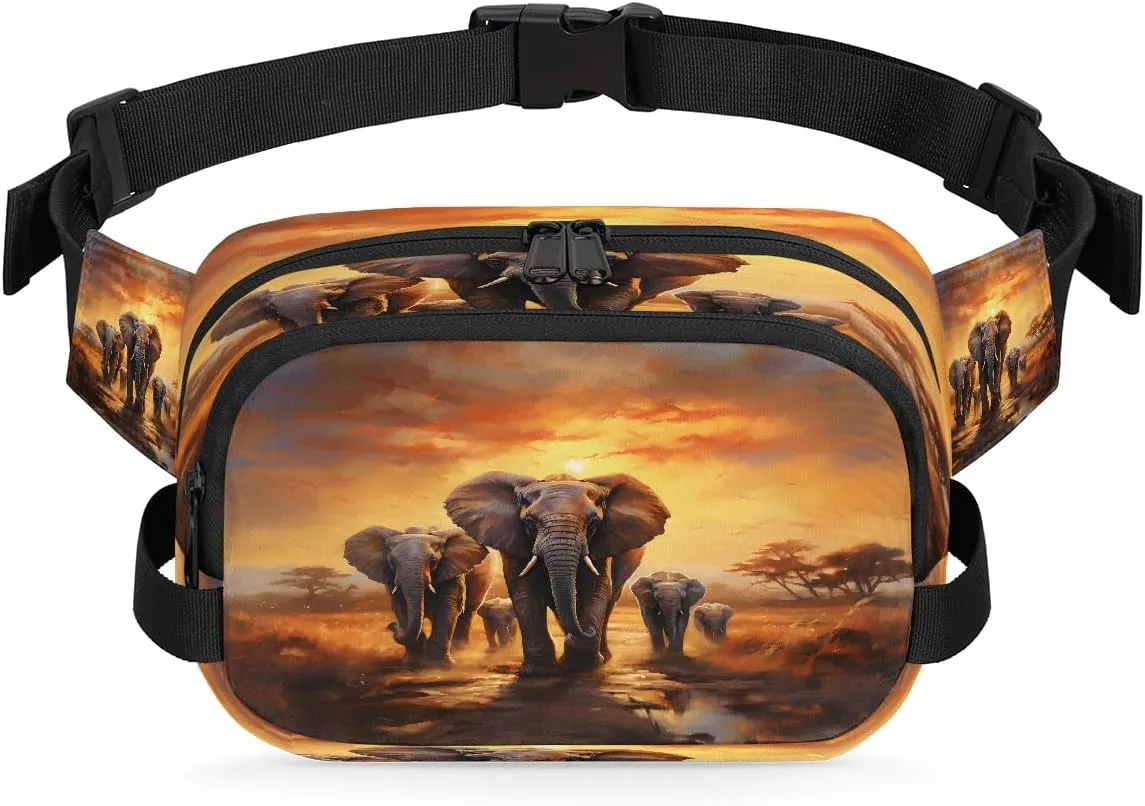 Elephant Migration Fanny Packs for Women Men Waterproof Crossbody Belt Bag Casual Chest Bag Fashion Waist Bags with Adjustable Strap for Travel Running Hiking Fishing