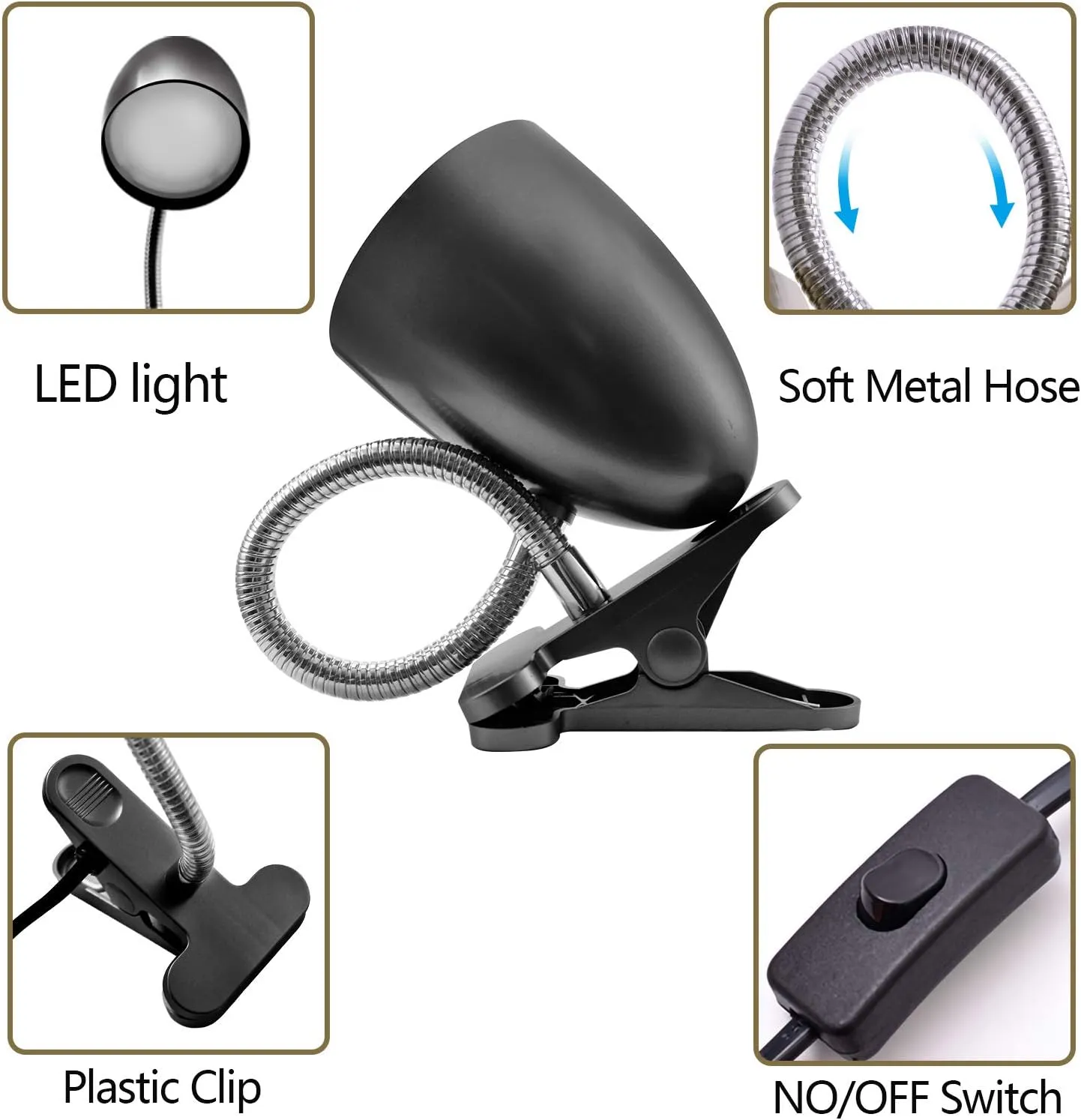 ENERGETIC SMARTER LIGHTING Clip on Light for Bed, Non-Dimmable Clip on Reading Light for Bed, 4000K Cool White, 3.5W 240 LM Desk lamp with clamp, Eye Protection, ETL Listed, Black