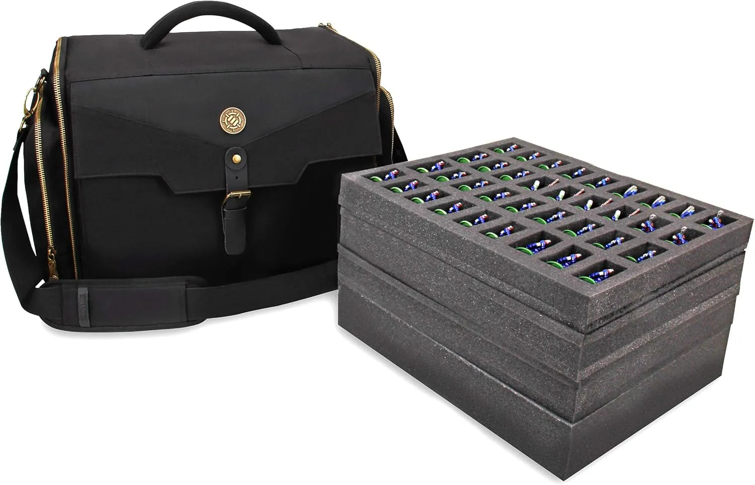 ENHANCE Portable Miniature Figure Storage & Carrying Case - 4 Foam Layers fits 108 Infantry Minis & Pick & Pluck for Large Figures - Book Sleeve & 2 Accessory Pockets for Measuring Tape, Dice & More