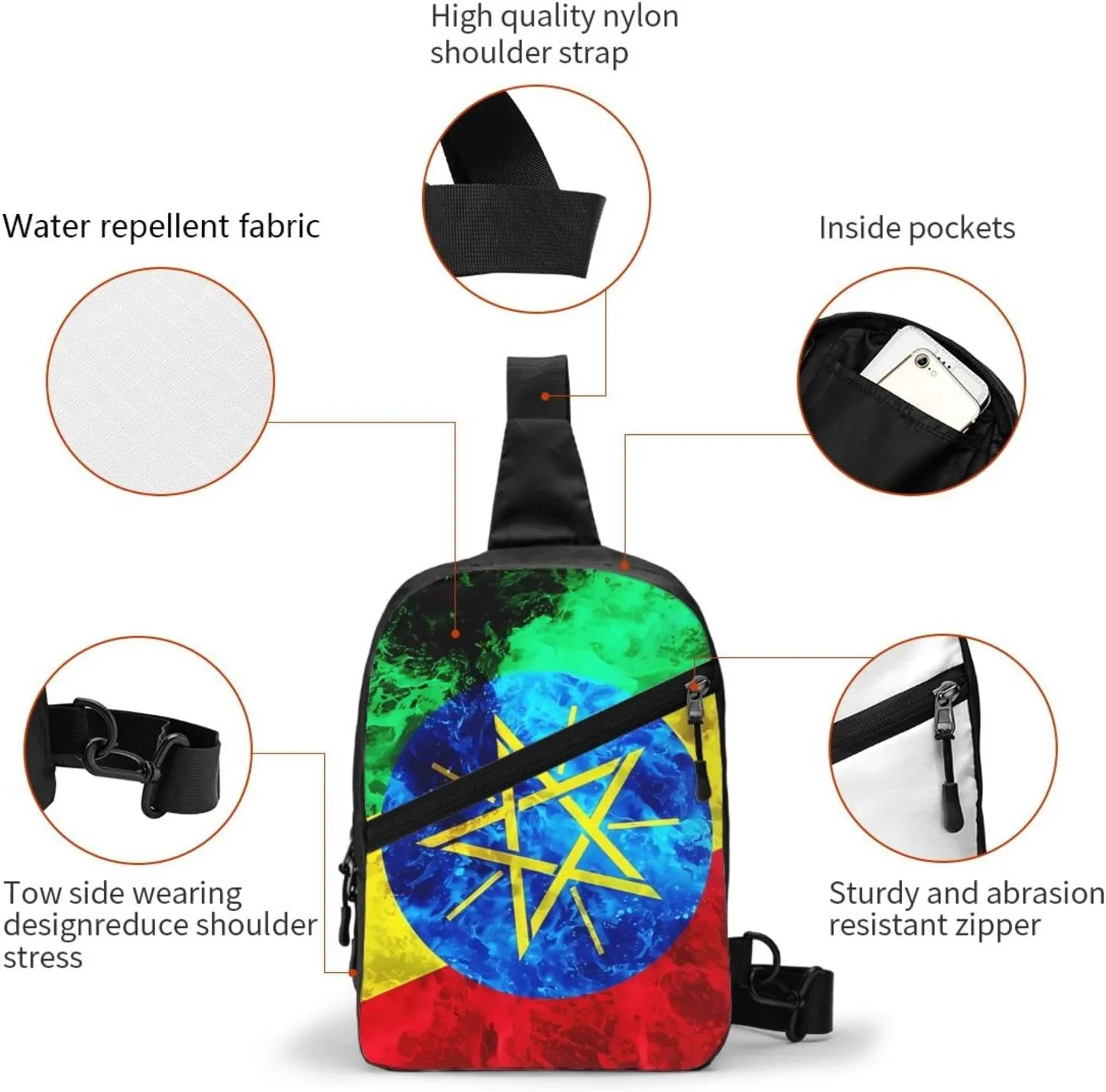 Ethiopia Flag Portable Crossbody Bag Foldable Sling Bags Sports Gym Chest Daypack Reusable Shoulder Backpack Casual Diagonally Rucksack Fanny Packs