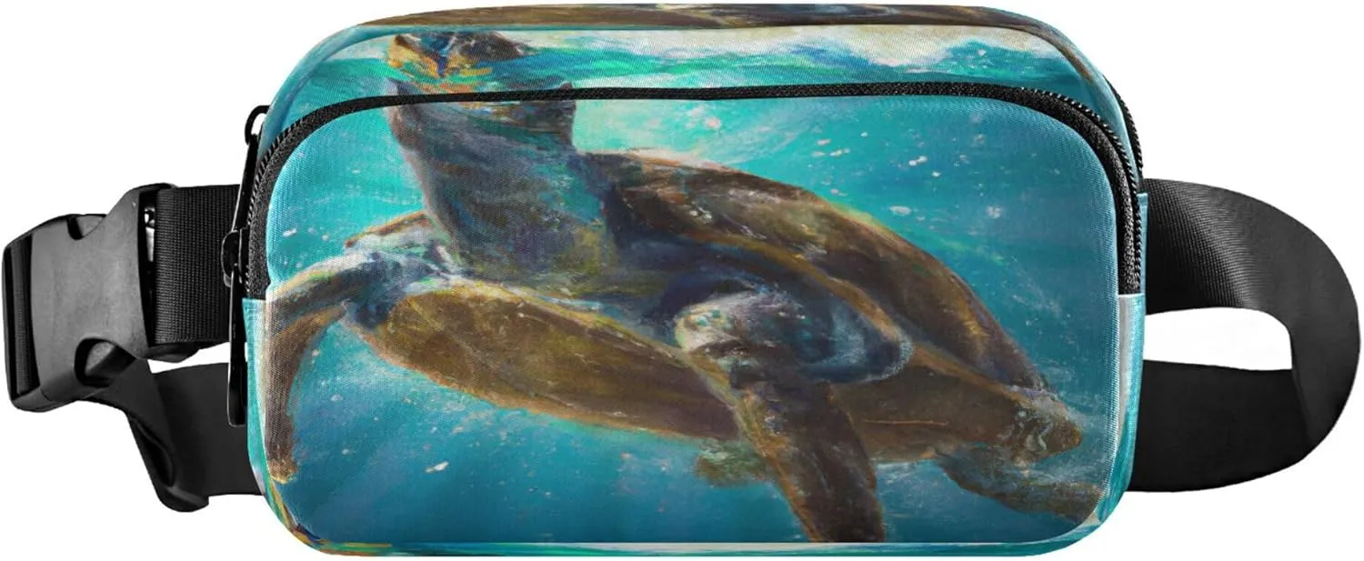 Exnundod Fanny Packs for Women & Men Brown Turtle Ocean, Waist Pack Oil Painting Crossbody Bags Belt Adjustable Strap for Running Hiking Workout
