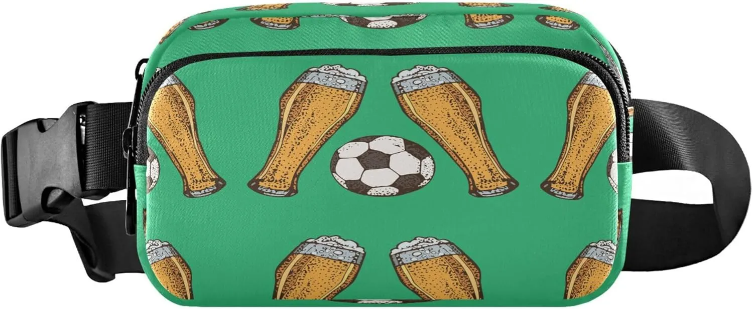 Exnundod Fanny Packs for Women & Men Cartoon Beer Soccer Ball, Waist Pack Glass Mug Crossbody Bags Belt Adjustable Strap for Running Hiking Workout