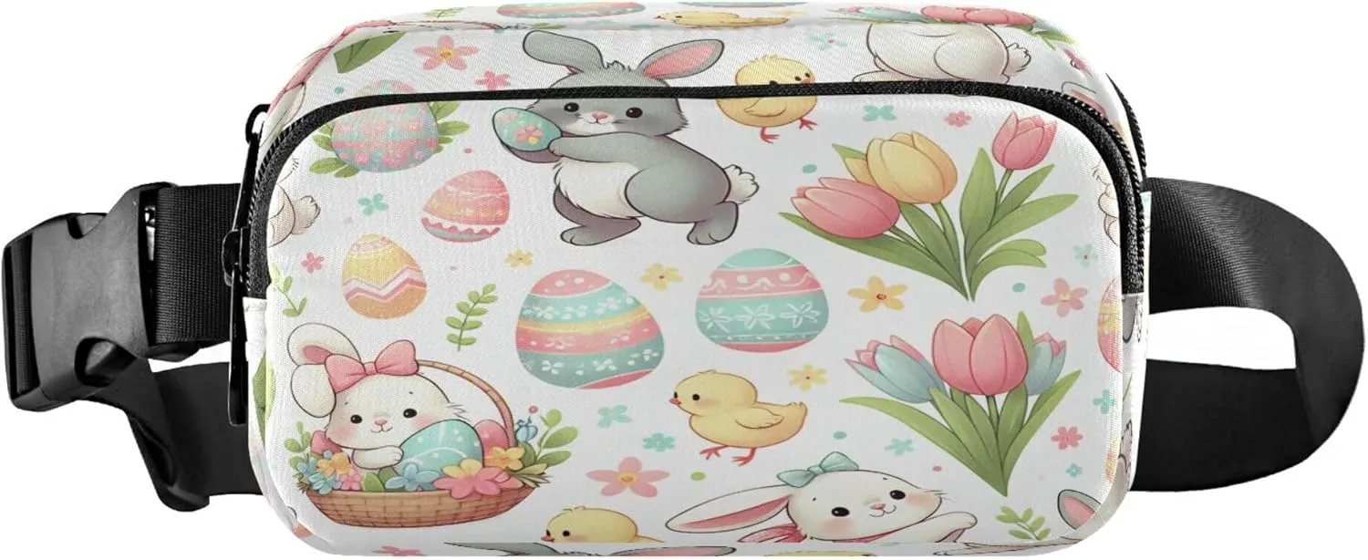 Exnundod Fanny Packs for Women & Men Cartoon Easter Bunny, Waist Pack Cute Eggs Chicks Tulip Crossbody Bags Belt Adjustable Strap for Running Hiking Workout