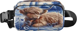 Exnundod Fanny Packs for Women & Men Cute Highland Cow Farm, Waist Pack Tile Art Artistic Crossbody Bags Belt Adjustable Strap for Running Hiking Workout