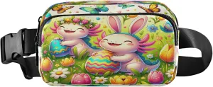 Exnundod Fanny Packs for Women & Men Cute Rabbit-dressed Axolotl, Waist Pack Happy Easter Eggs Hunt Crossbody Bags Belt Adjustable Strap for Running Hiking Workout