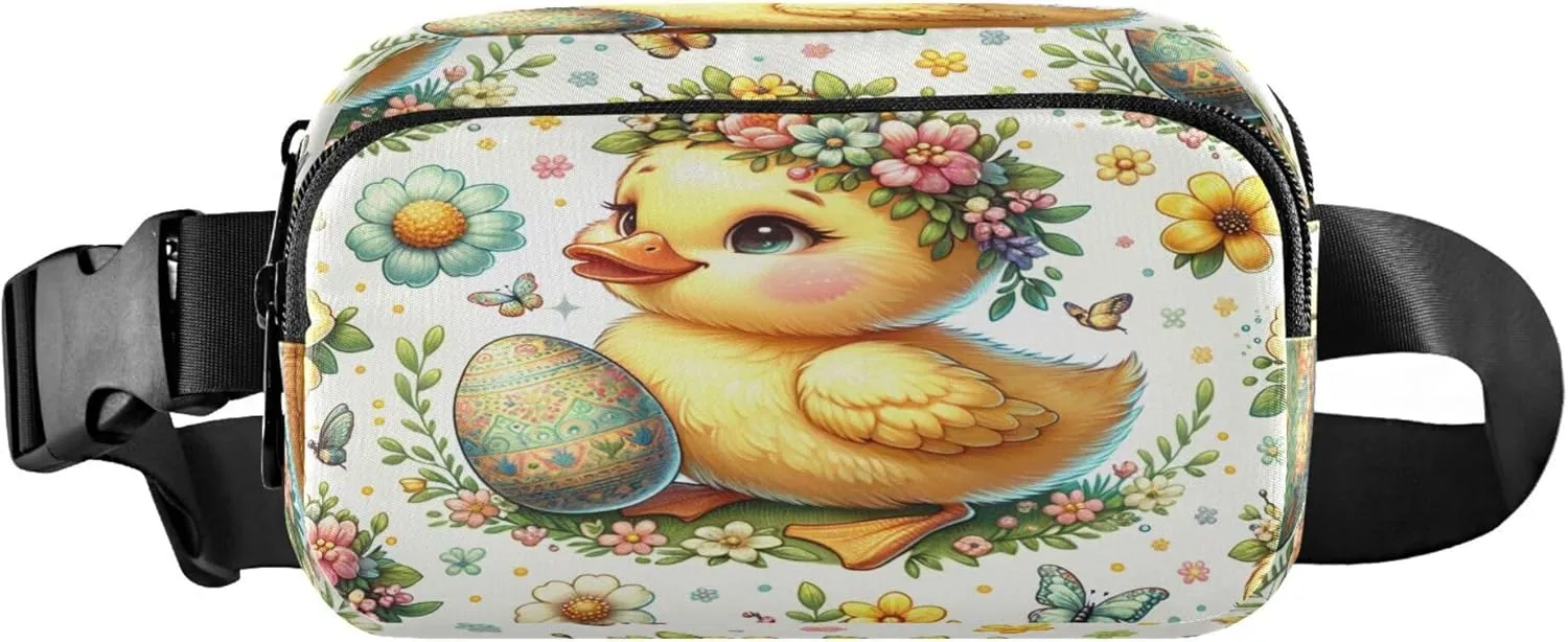 Exnundod Fanny Packs for Women & Men Easter Cute Ducks, Waist Pack Spring Flower Pattern Crossbody Bags Belt Adjustable Strap for Running Hiking Workout