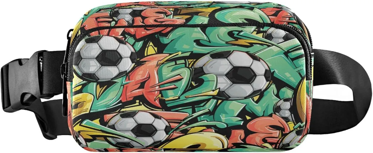 Exnundod Fanny Packs for Women & Men Football Soccer Balls, Waist Pack Street Art Style Graffiti Crossbody Bags Belt Adjustable Strap for Running Hiking Workout