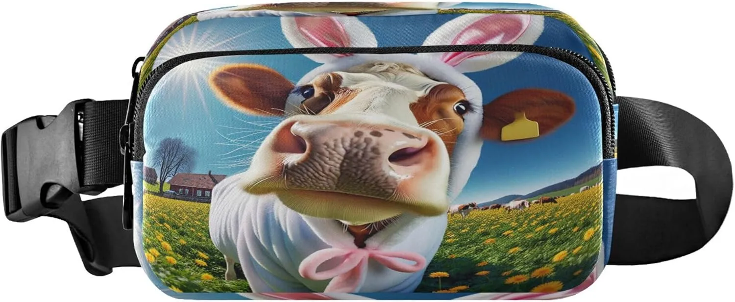 Exnundod Fanny Packs for Women & Men Funny Easter Cow, Waist Pack Crossbody Bags Belt Adjustable Strap for Running Hiking Workout