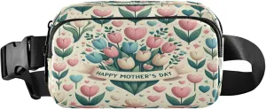 Exnundod Fanny Packs for Women & Men Happy Mother's Day Florals, Waist Pack Tulip Hearts Crossbody Bags Belt Adjustable Strap for Running Hiking Workout