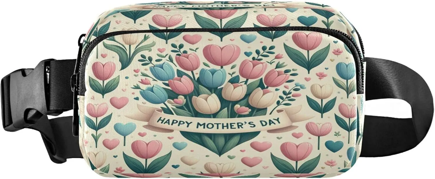 Exnundod Fanny Packs for Women & Men Happy Mother's Day Florals, Waist Pack Tulip Hearts Crossbody Bags Belt Adjustable Strap for Running Hiking Workout