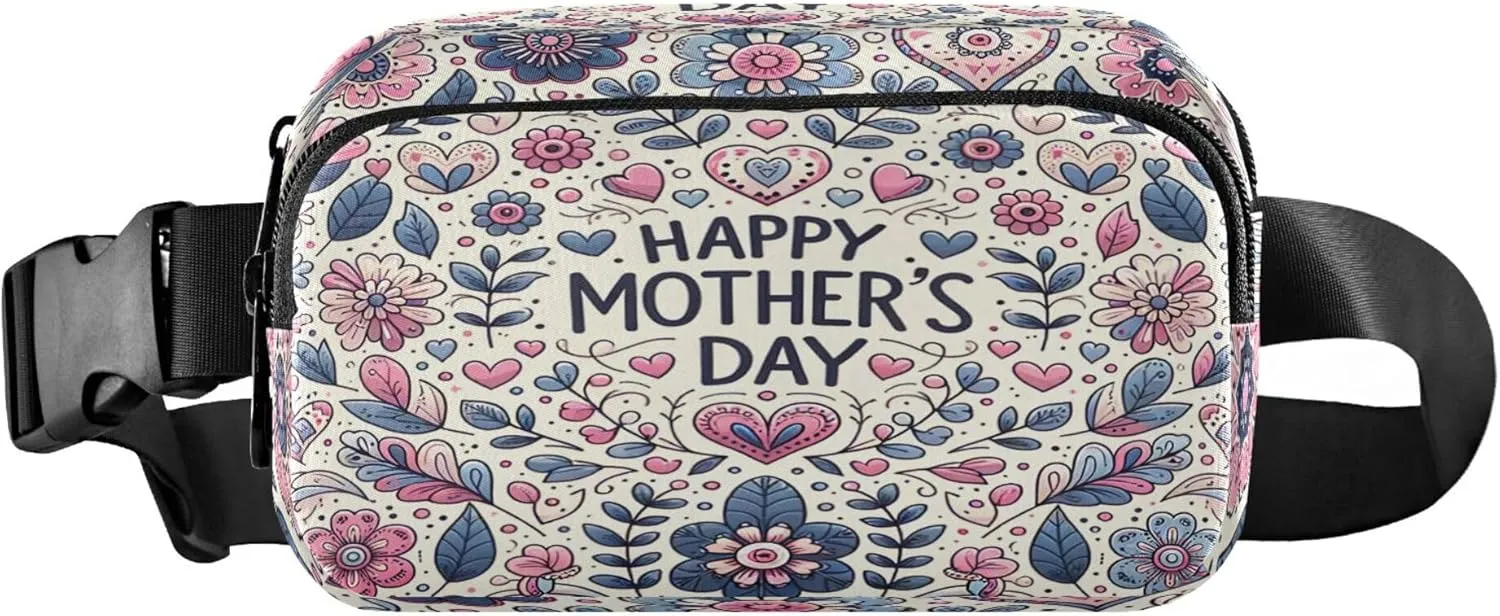 Exnundod Fanny Packs for Women & Men Happy Mother's Day, Waist Pack Beatiful Flower Hearts Crossbody Bags Belt Adjustable Strap for Running Hiking Workout