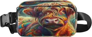Exnundod Fanny Packs for Women & Men Highland Cow Art, Waist Pack Colorful Scotland Cattle Crossbody Bags Belt Adjustable Strap for Running Hiking Workout