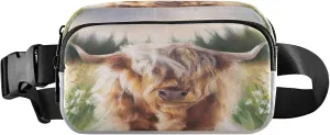 Exnundod Fanny Packs for Women & Men Highland Cow Flowers, Waist Pack Oil Painting Crossbody Bags Belt Adjustable Strap for Running Hiking Workout