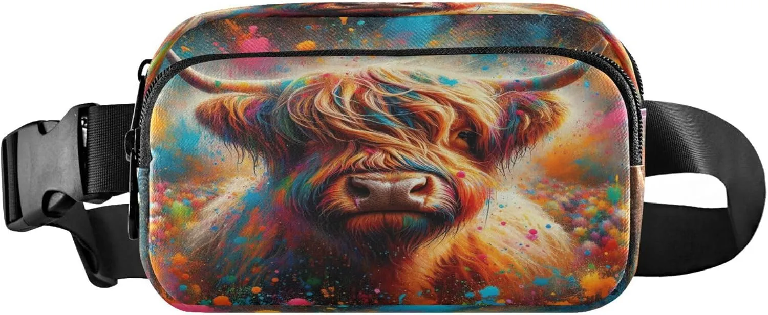Exnundod Fanny Packs for Women & Men Highland Cow Multicoloured, Waist Pack Watercolor Crossbody Bags Belt Adjustable Strap for Running Hiking Workout