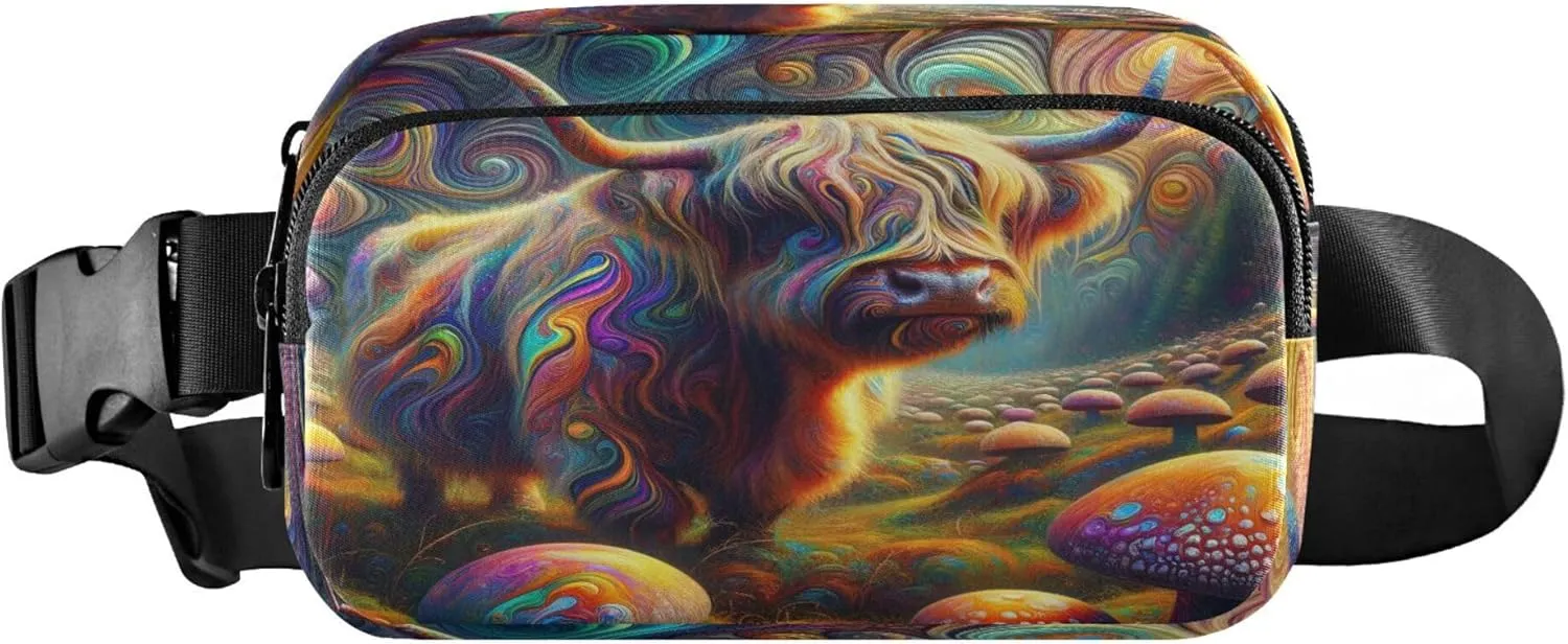 Exnundod Fanny Packs for Women & Men Highland Cow Mushroom, Waist Pack Colorful Scotland Cattle Crossbody Bags Belt Adjustable Strap for Running Hiking Workout
