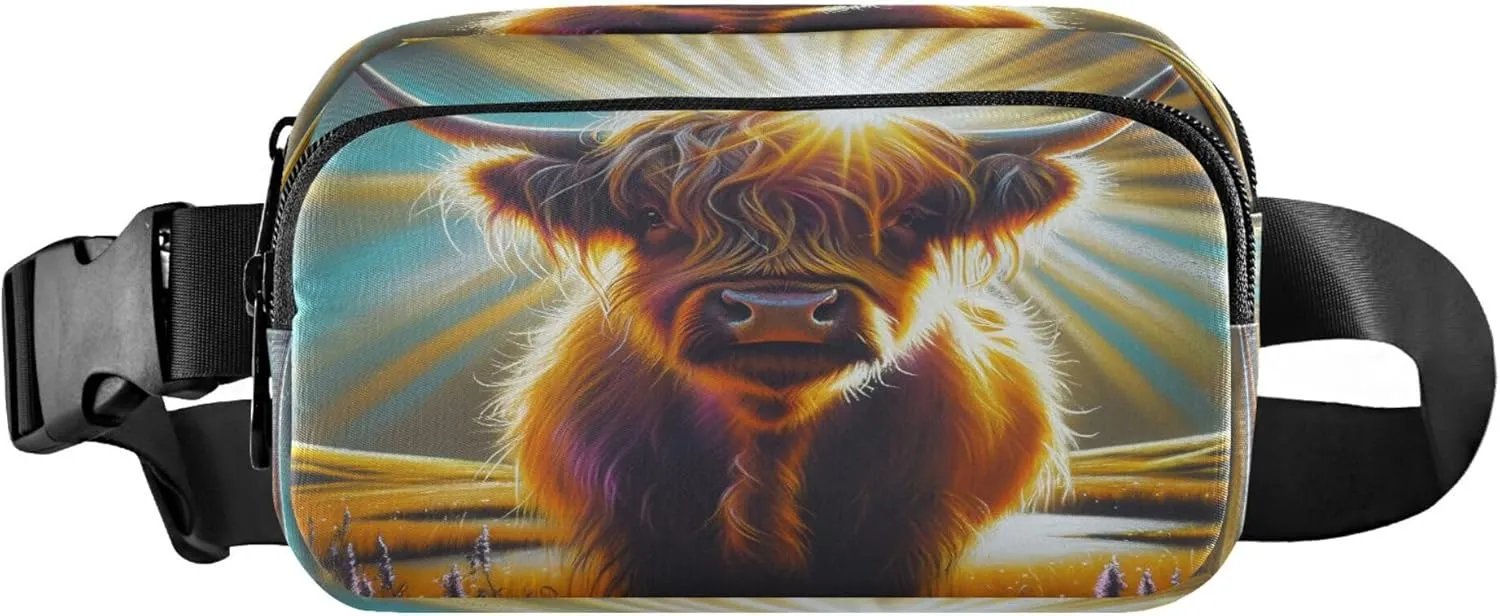 Exnundod Fanny Packs for Women & Men Highland Cow Sunshine, Waist Pack Pastel Cattle Crossbody Bags Belt Adjustable Strap for Running Hiking Workout
