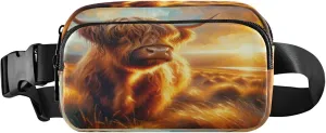 Exnundod Fanny Packs for Women & Men Highland Cow Sunshine, Waist Pack Scotland Cattle Crossbody Bags Belt Adjustable Strap for Running Hiking Workout