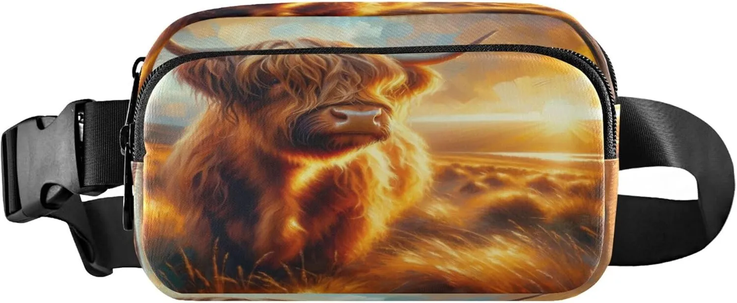 Exnundod Fanny Packs for Women & Men Highland Cow Sunshine, Waist Pack Scotland Cattle Crossbody Bags Belt Adjustable Strap for Running Hiking Workout