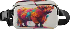 Exnundod Fanny Packs for Women & Men Highland Cow Watercolor, Waist Pack Colorful Animal Crossbody Bags Belt Adjustable Strap for Running Hiking Workout