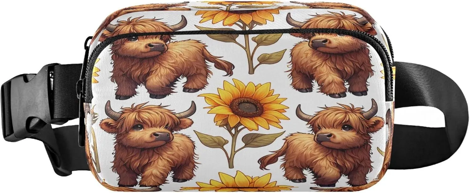 Exnundod Fanny Packs for Women & Men Highland Cows Sunflowers, Waist Pack Cute Cattle Crossbody Bags Belt Adjustable Strap for Running Hiking Workout