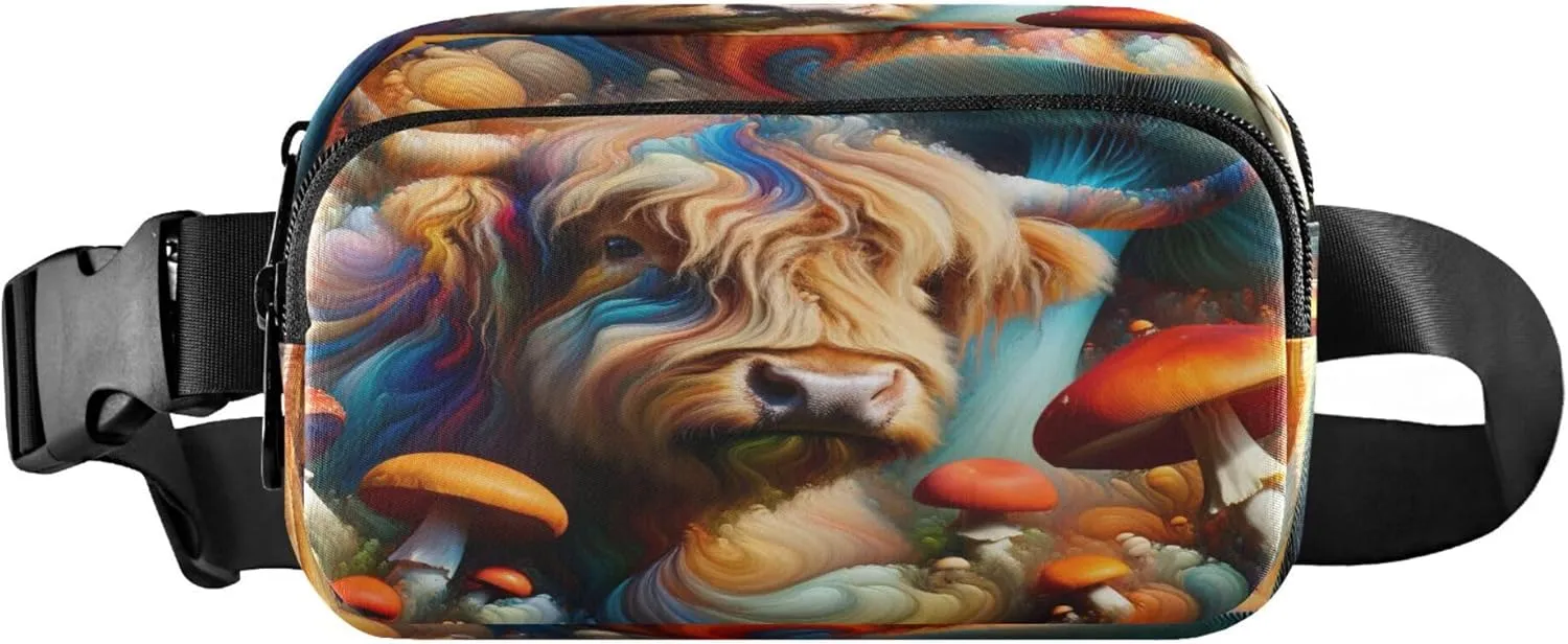 Exnundod Fanny Packs for Women & Men Magical Scotland Cattle, Waist Pack Colorful Mushroom Crossbody Bags Belt Adjustable Strap for Running Hiking Workout