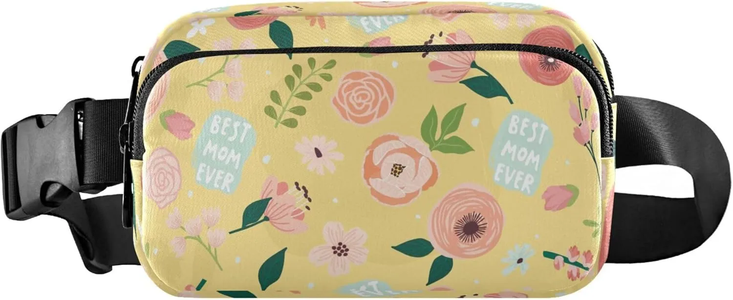 Exnundod Fanny Packs for Women & Men Mother's Day Abstract Floral, Waist Pack Best Mom Ever Crossbody Bags Belt Adjustable Strap for Running Hiking Workout