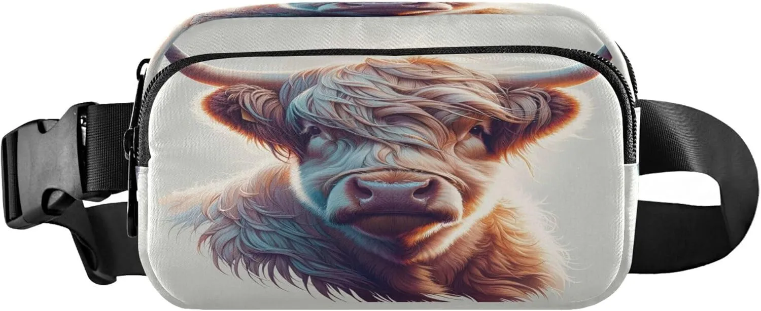 Exnundod Fanny Packs for Women & Men Pastel Scotland Highland Cattle, Waist Pack Lovely Cow Crossbody Bags Belt Adjustable Strap for Running Hiking Workout