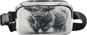 Exnundod Fanny Packs for Women & Men Pencil Sketch Highland Cow, Waist Pack Scotland Cattle Crossbody Bags Belt Adjustable Strap for Running Hiking Workout