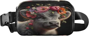 Exnundod Fanny Packs for Women & Men Scotland Cattle Flowers, Waist Pack Highland Cow Crossbody Bags Belt Adjustable Strap for Running Hiking Workout