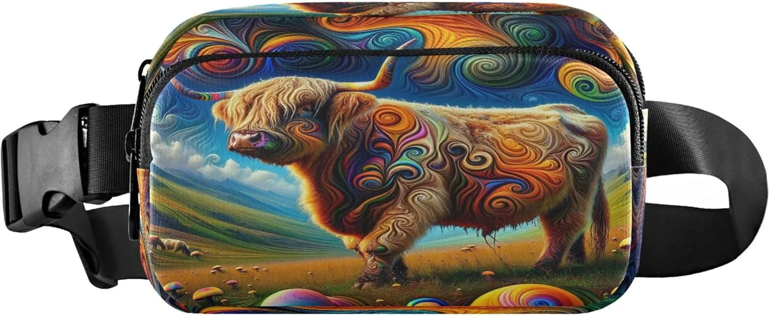 Exnundod Fanny Packs for Women & Men Scotland Highland Cattle Colorful, Waist Pack Oil Painting Crossbody Bags Belt Adjustable Strap for Running Hiking Workout