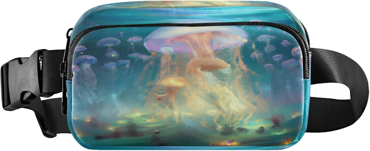 Exnundod Fanny Packs for Women & Men Underwater Magic Jellyfish, Waist Pack Marine Theme Crossbody Bags Belt Adjustable Strap for Running Hiking Workout