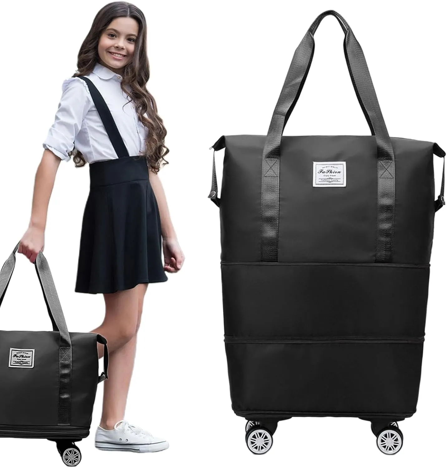 Expandable Foldable Rolling Duffel Bag with Wheels, Detachable Rolling Carry-On Luggage, Duffel Bag with Multiple Compartments for Travel, Business, Camping, Rolling Duffel Bag, Black