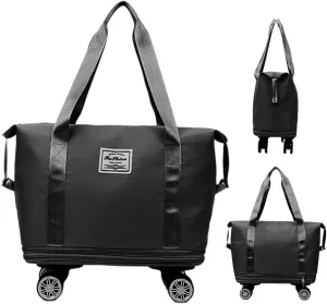 Expandable Foldable Rolling Duffel Bag with Wheels, Detachable Rolling Carry-On Luggage, Duffel Bag with Multiple Compartments for Travel, Business, Camping, Rolling Duffel Bag, Black