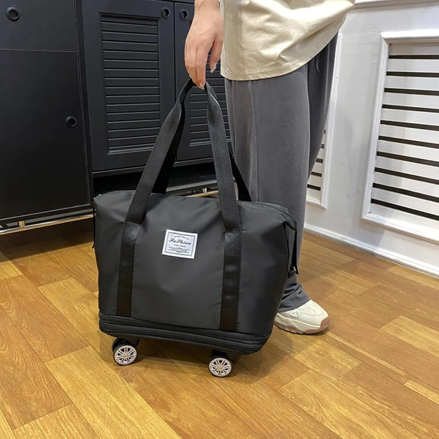 Expandable Foldable Rolling Duffel Bag with Wheels, Detachable Rolling Carry-On Luggage, Duffel Bag with Multiple Compartments for Travel, Business, Camping, Rolling Duffel Bag, Black