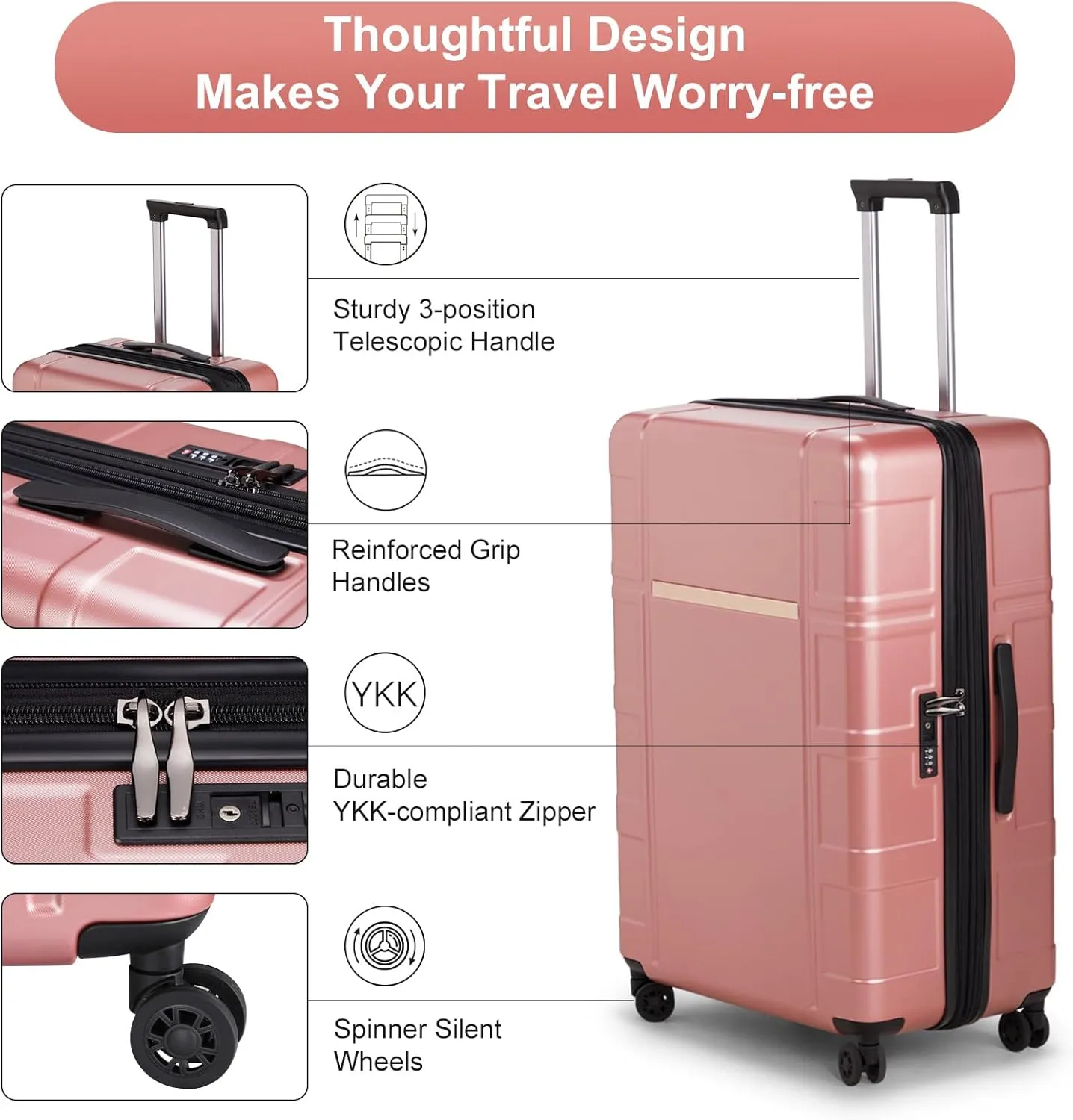 Expandable Luggage Set 3 Piece, ABS PC Hardshell Suitcase Set with Spinner Wheels & TSA Lock, Durable Waterproof Travel Luggage Carry on Checked for Business Travel - Rose Gold, 20/24/28In