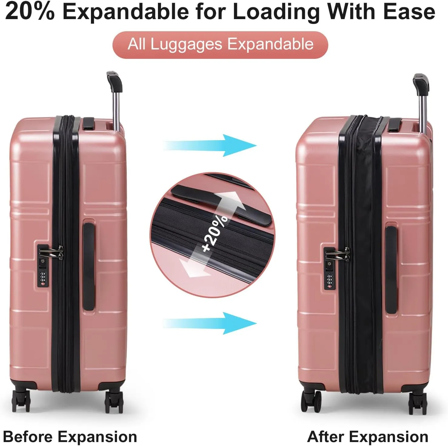 Expandable Luggage Set 3 Piece, ABS PC Hardshell Suitcase Set with Spinner Wheels & TSA Lock, Durable Waterproof Travel Luggage Carry on Checked for Business Travel - Rose Gold, 20/24/28In