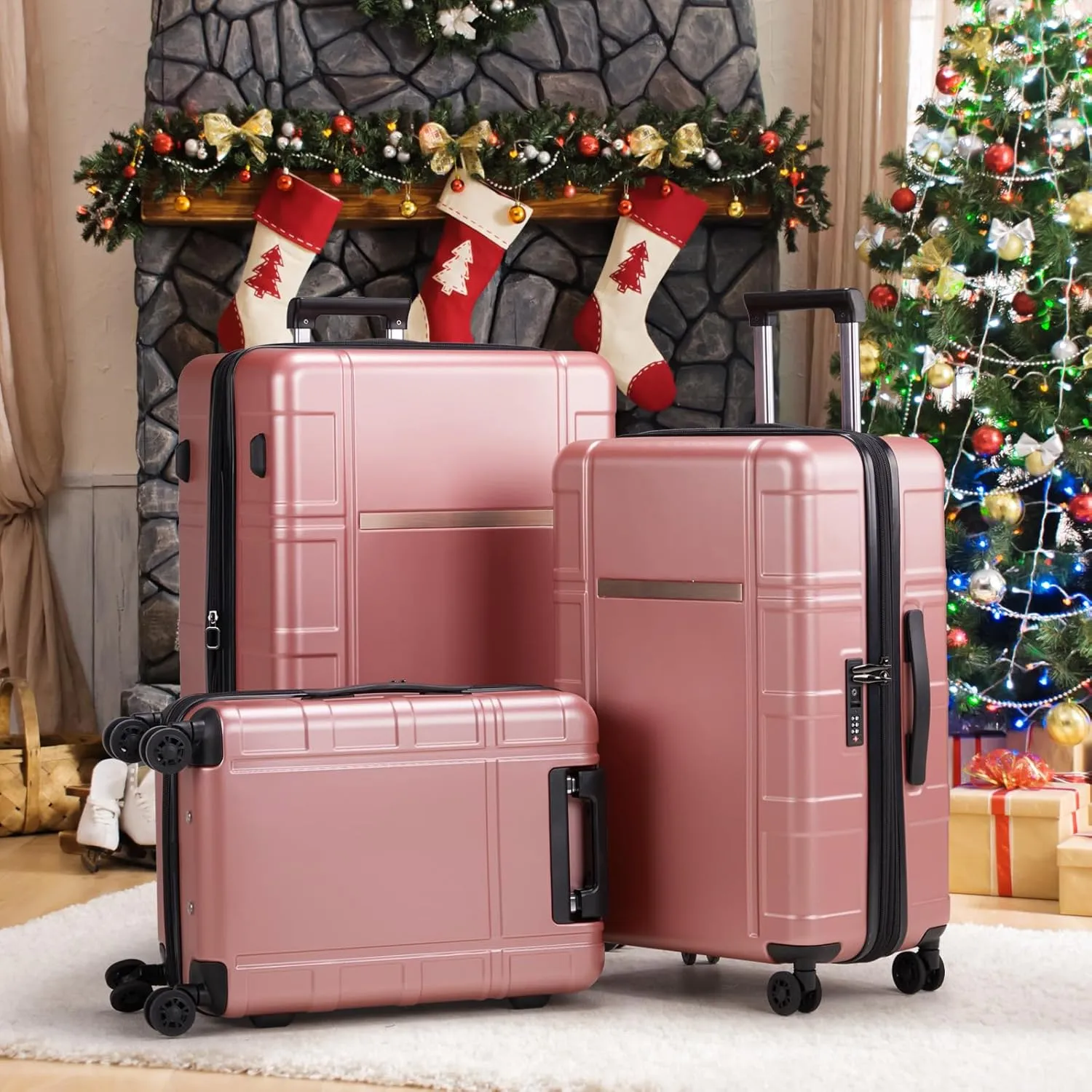 Expandable Luggage Set 3 Piece, ABS PC Hardshell Suitcase Set with Spinner Wheels & TSA Lock, Durable Waterproof Travel Luggage Carry on Checked for Business Travel - Rose Gold, 20/24/28In