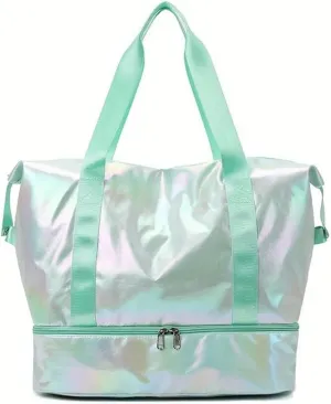 Expandable Travel Luggage Bag Sports Handbag Fitness Large Capacity Women's Shoulder Bag (Color : B Green, Size : 46x32cm)