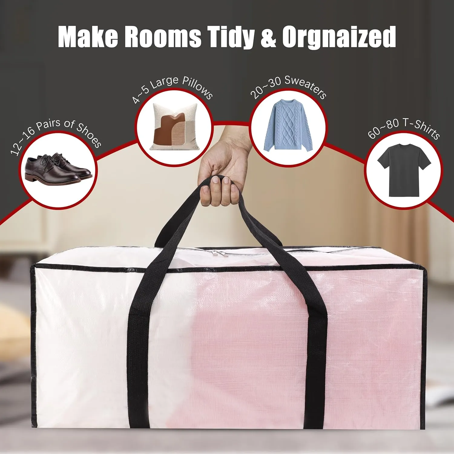 Extra Large Moving Bags with Zippers & Carrying Handles, Heavy-Duty Storage Tote for Space Saving Moving Storage, Fold Flat, Alternative to Box and Bin - 8 Pack, 40 Gal, Clear