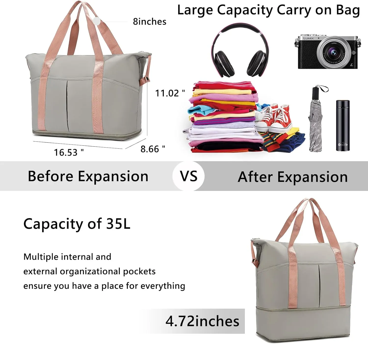 FAIME Travel Duffel Bag for Women, Foldable Weekender Bag Portable Gym Tote Bag, Expandable Overnight Bag for Travel Sports