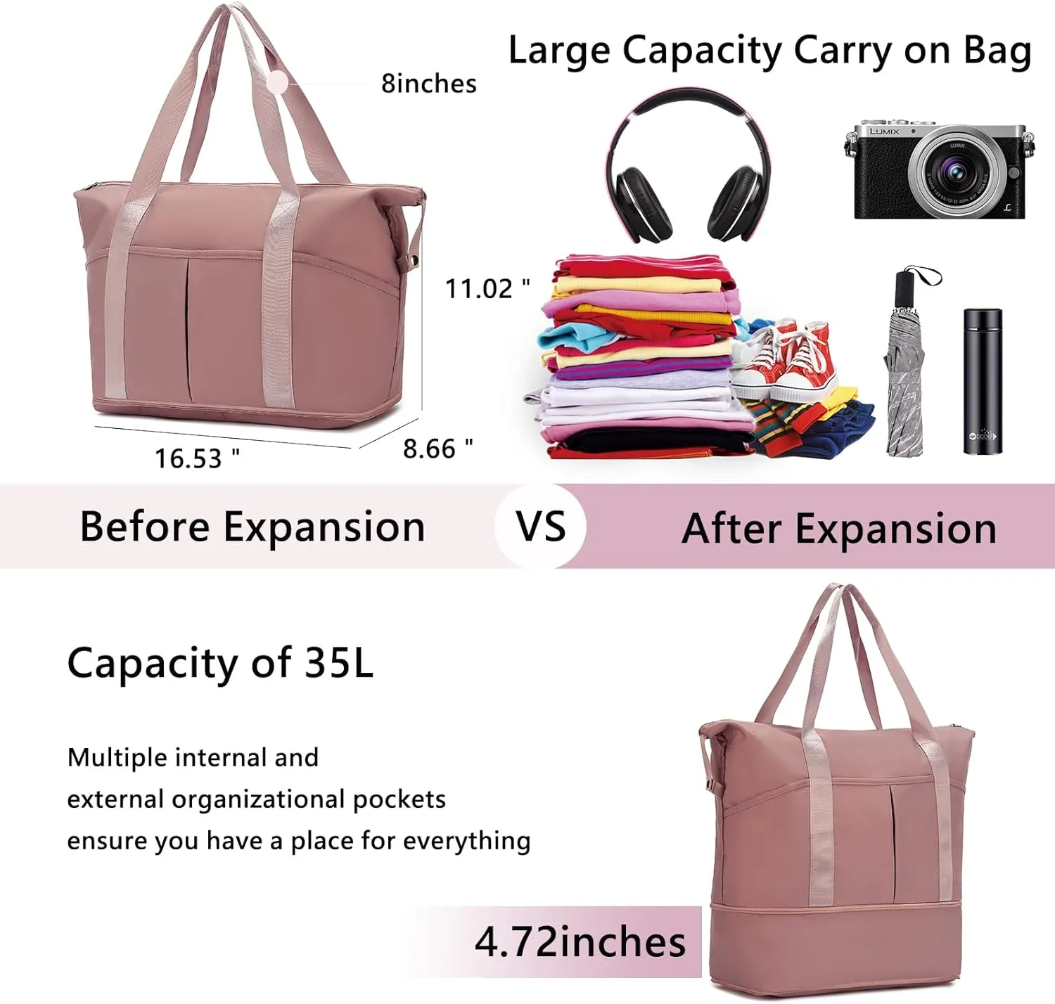 FAIME Travel Duffel Bag for Women, Foldable Weekender Bag Portable Gym Tote Bag, Expandable Overnight Bag for Travel Sports
