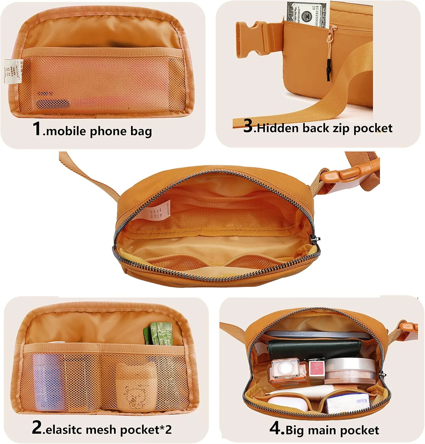 Fanny Belt Bag Waist Pack Crossbody Bags Bum Bag for Running Hiking Travel Workout Adjustable Strap for Women -black, Muddy yellow