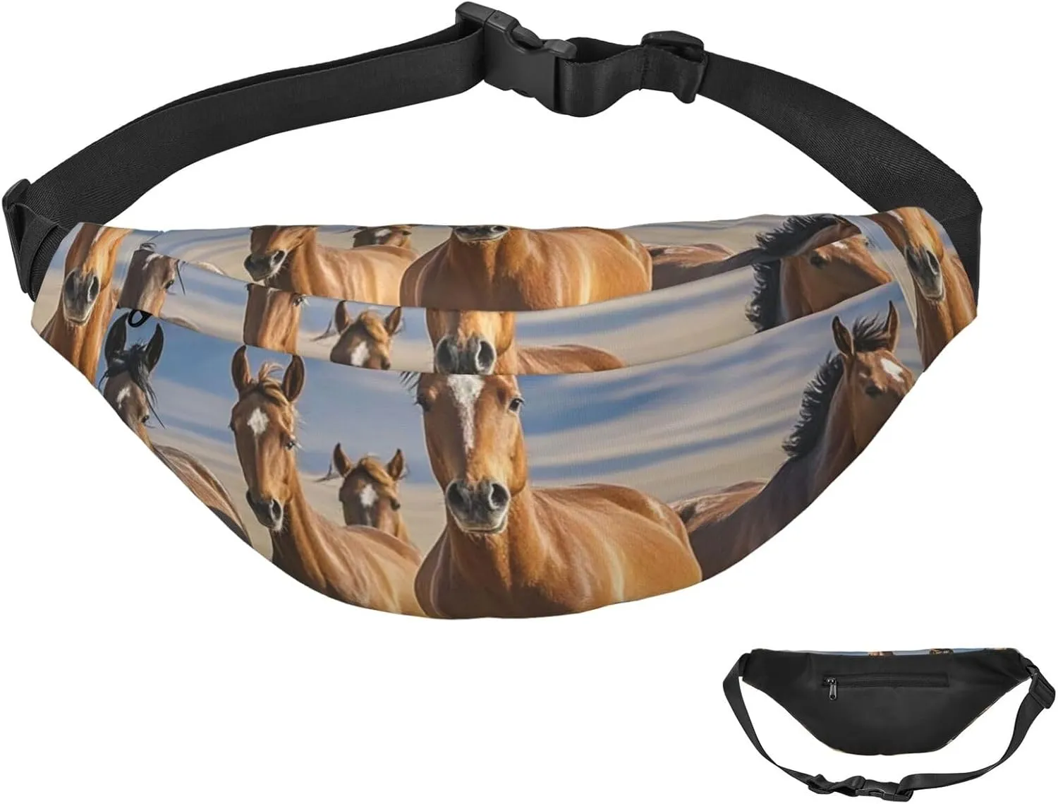 Fanny Pack Belt Bag for Women Men Waterproof Waist Pack Merry Christmas Snowman Waist Bag with Adjustable Strap, Horses Animals, One Size