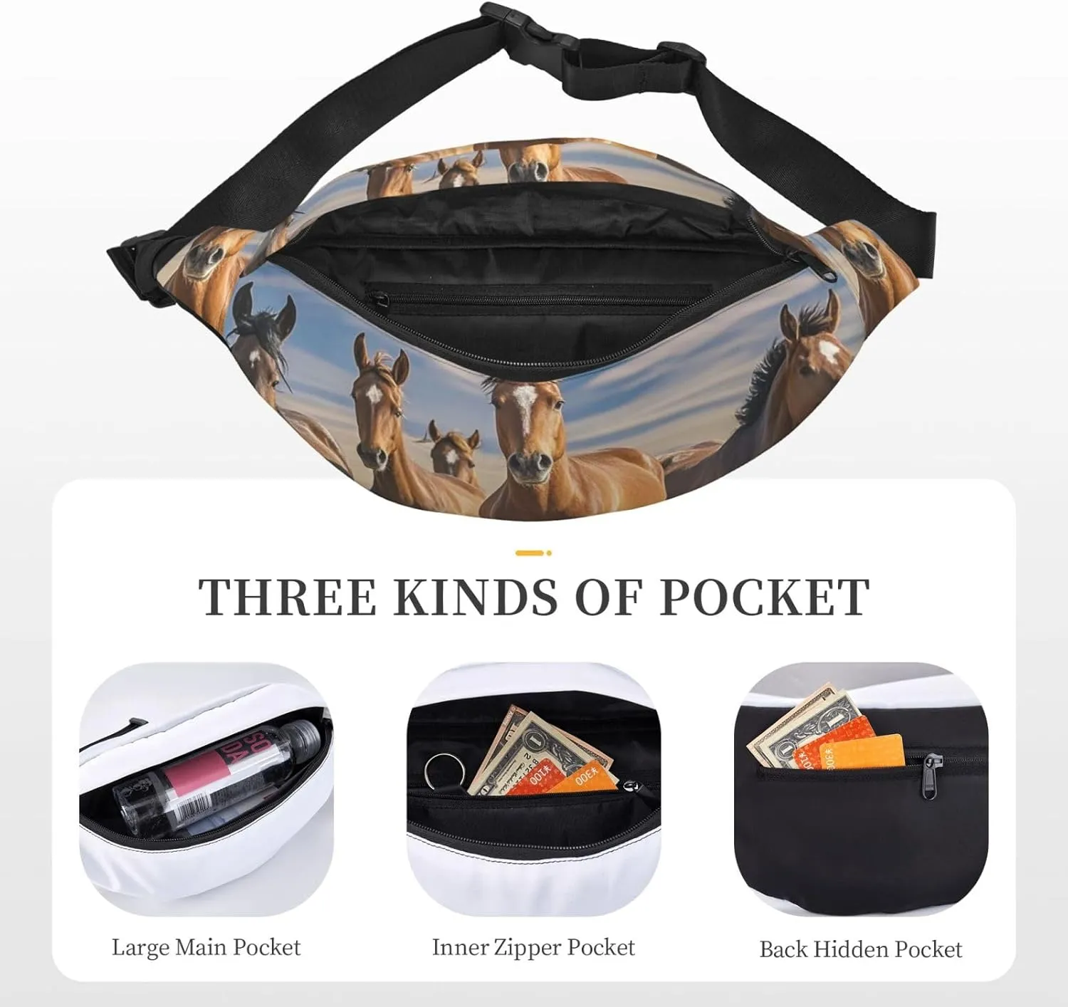 Fanny Pack Belt Bag for Women Men Waterproof Waist Pack Merry Christmas Snowman Waist Bag with Adjustable Strap, Horses Animals, One Size
