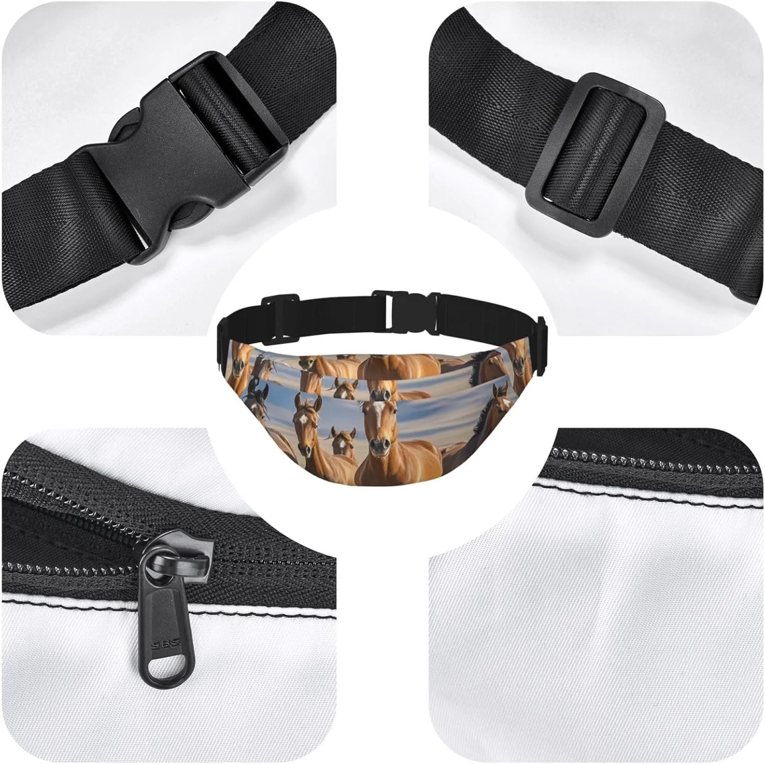 Fanny Pack Belt Bag for Women Men Waterproof Waist Pack Merry Christmas Snowman Waist Bag with Adjustable Strap, Horses Animals, One Size
